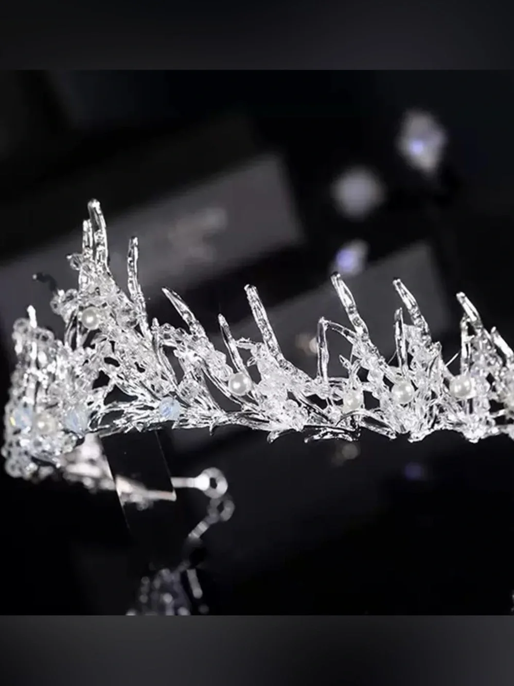 Delicate Crystal and Pearl Branch Tiara - Silver-White